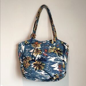 Beach Tote Tropical Print sz XL Vacation Zipper Cotton Lined Attached Pouch